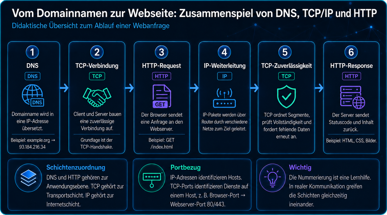 Schaubild zur Schrittfolge Webseite laden mit eindeutiger Protokollzuordnung: DNS, TCP-Aufbau, HTTP-Request, IP-Weiterleitung, TCP-Zuverlaessigkeit und HTTP-Response.